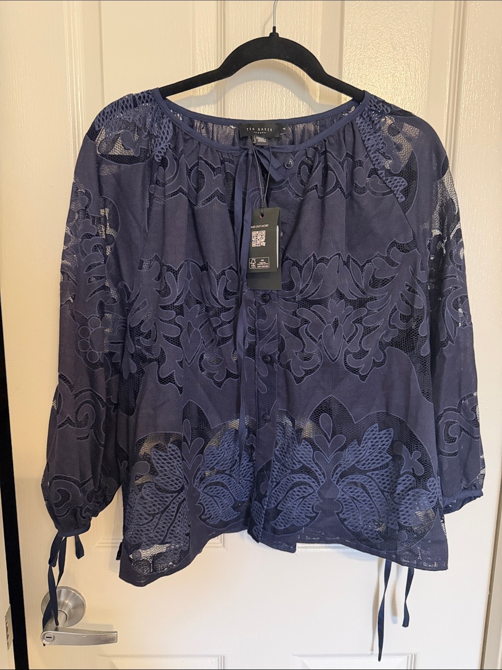 Ted Baker Navy Floral Lace Peasant Top